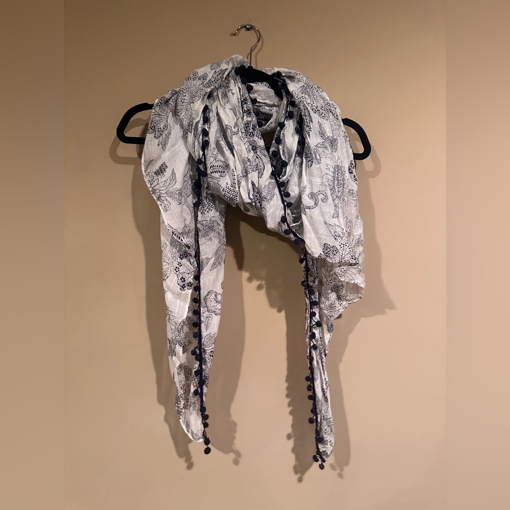 Scarf Navy White Pom Pom Trim